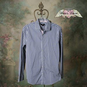 H & M Slim Fit Button Down Navy White Plaid Accent Buttons and Stripe edge SM